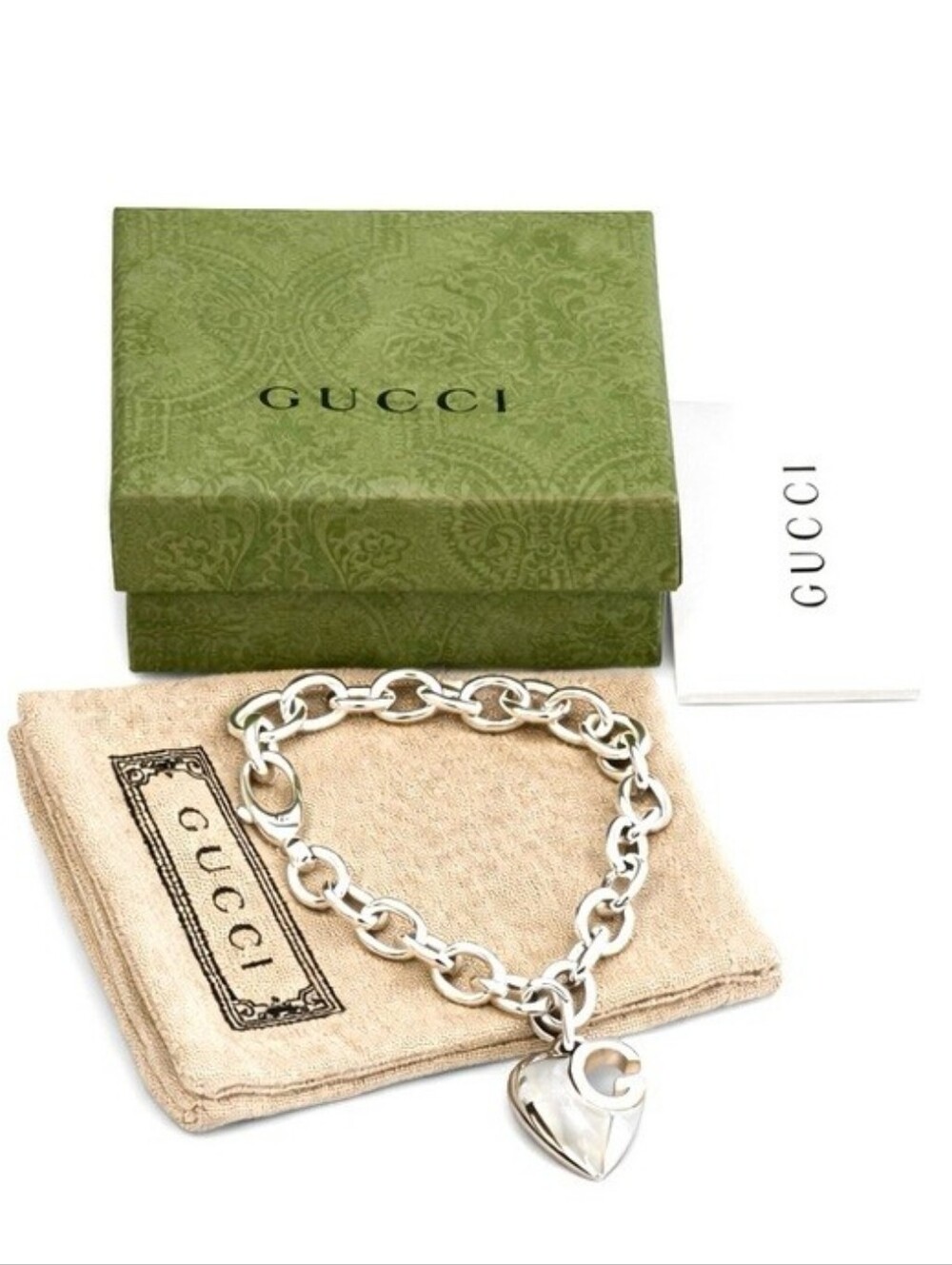 🫰Gucci 925 Sterling Silver Heart Charm Link Bracelet GG design